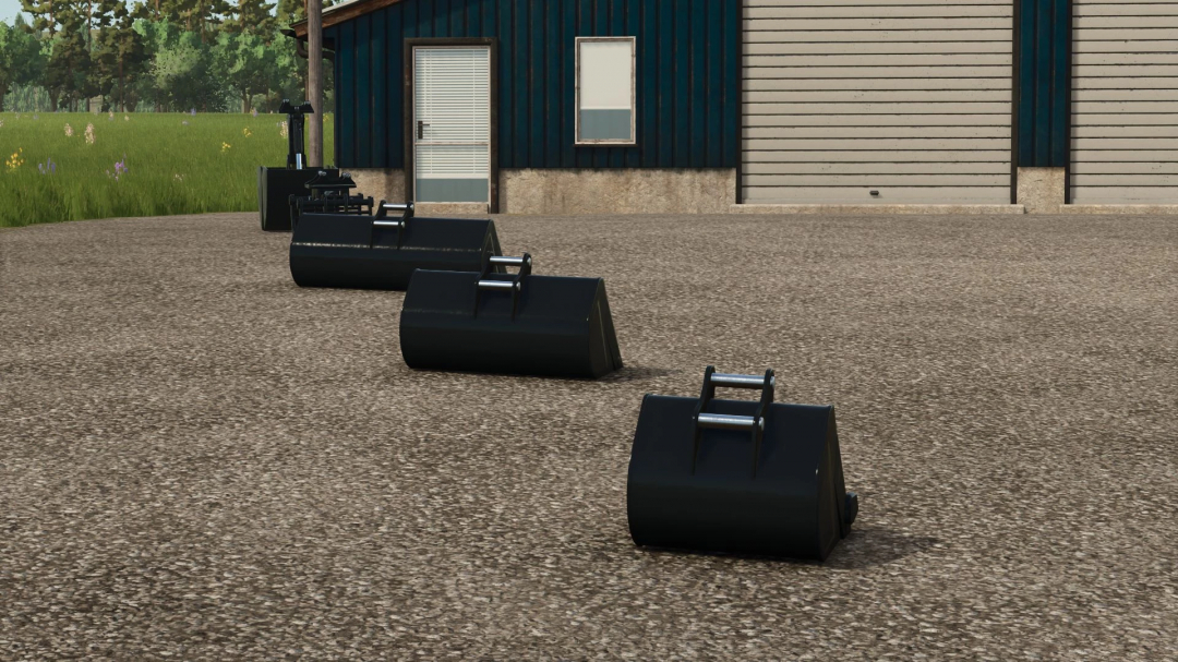 A series of black buckets from the Bucket Pack Black v1.0.0.0 mod for Farming Simulator 25 lined up on a farmyard.