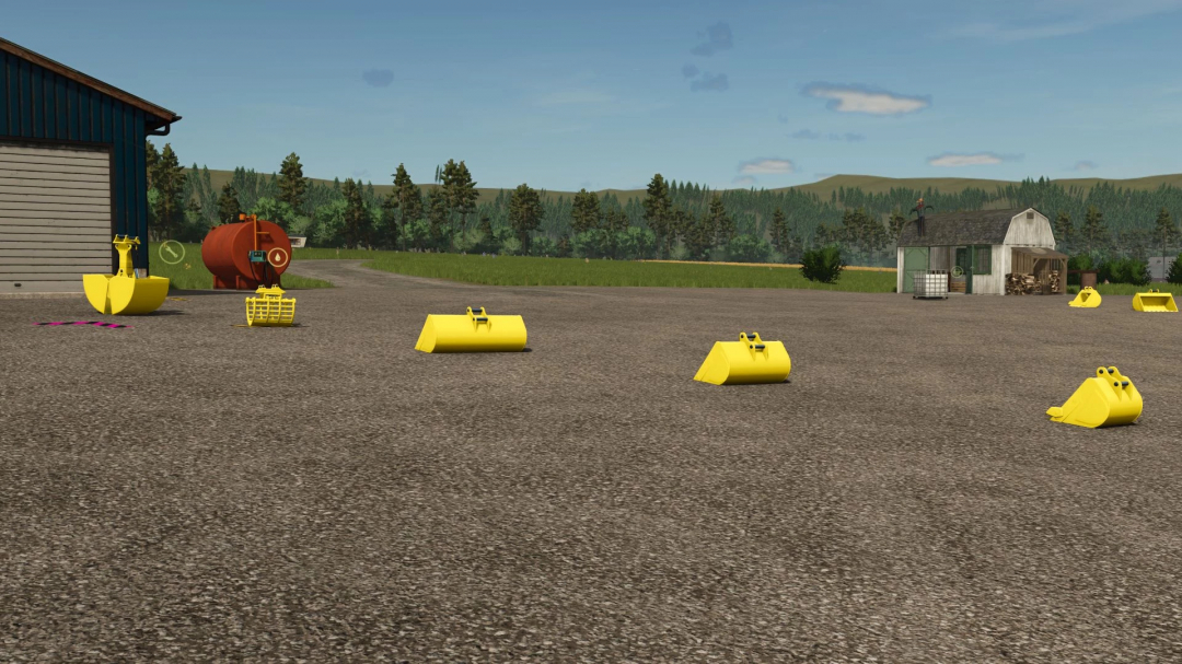 FS25 mods Bucket Pack Yellow v1.0.0.0 display on a farm in Farming Simulator 25.