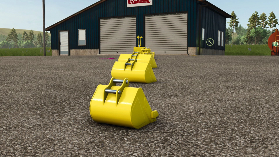 FS25 mods: Yellow buckets on pavement in front of a barn in Farming Simulator 25.