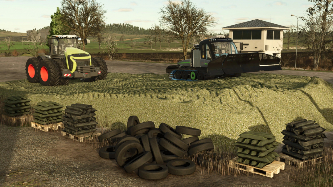 FS25 mods showcase: tractors on covered silage pile with tires and weights from Bunkersilo Pack v1.0.0.0.