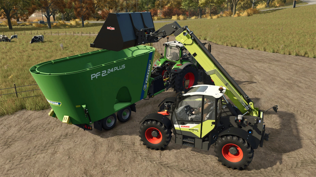 CLAAS SCORPION 1033 mod in Farming Simulator 25 loading a green trailer in a field.