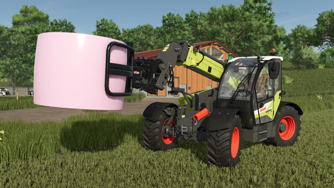 CLAAS SCORPION 1033 mod lifting hay bale in FS25 mod for Farming Simulator 25.