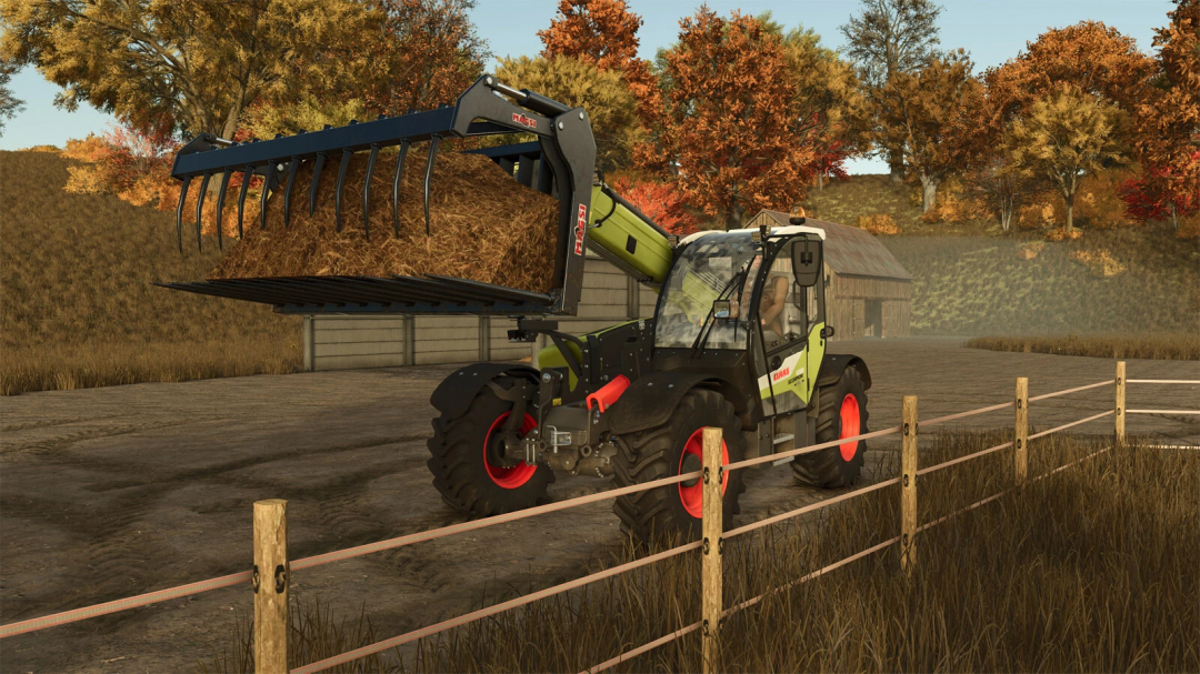 CLAAS SCORPION 1033 telehandler carrying hay in FS25 mod, autumn scenery.