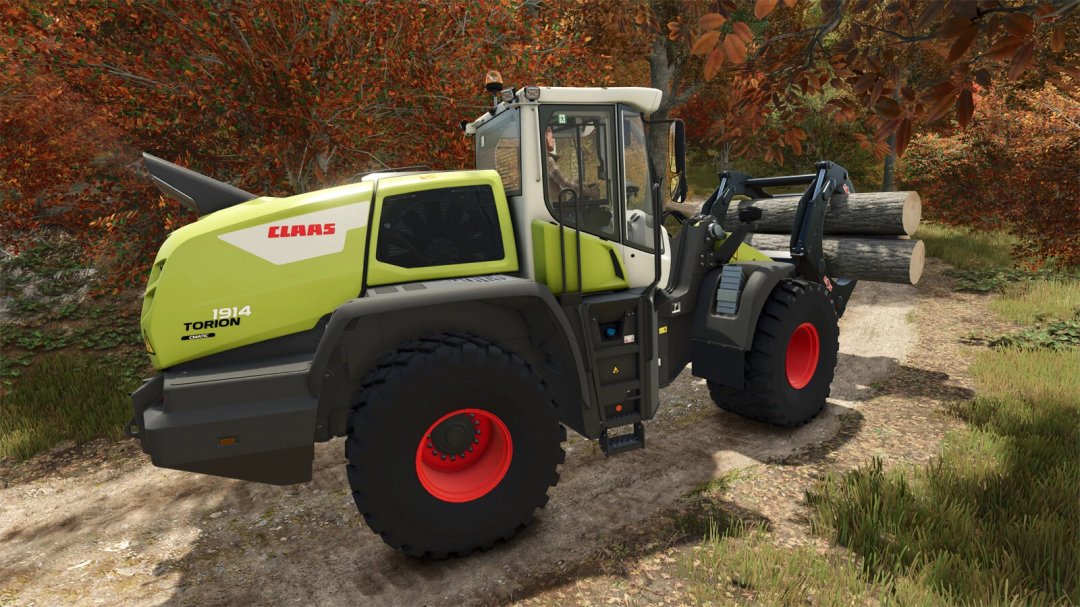 CLAAS TORION 1914 loader in Farming Simulator 25 mod, carrying logs in a forest setting.