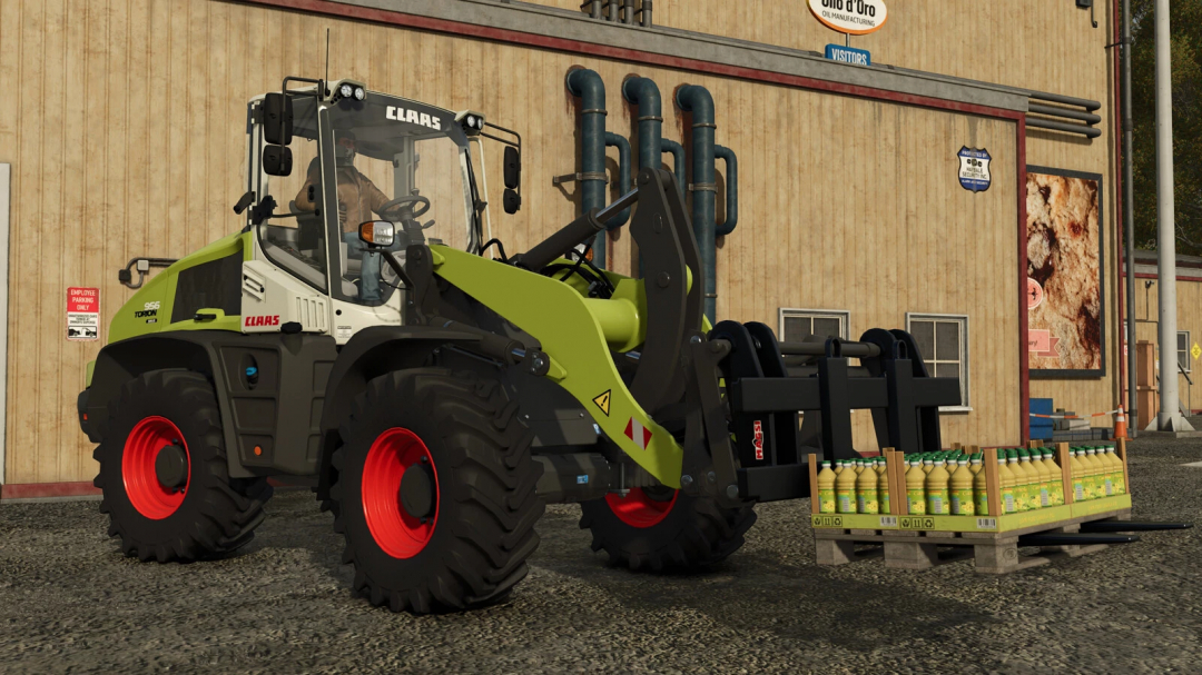 CLAAS TORION 956 SINUS mod for FS25 lifting a pallet in Farming Simulator 25.