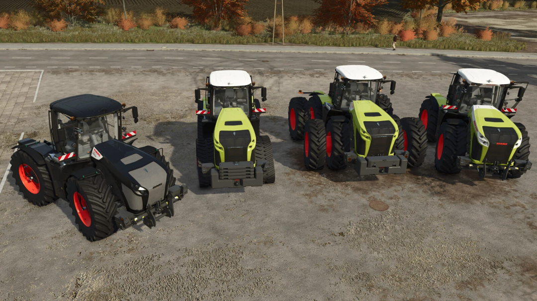 Four CLAAS Xerion tractors in Farming Simulator 25 mods, showcasing different models in a parking lot setting.