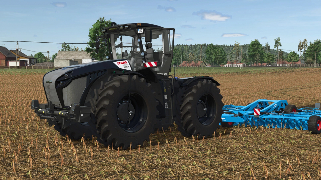 FS25 mod: CLAAS Xerion 4200-5000 tractor in field with blue plough, Farming Simulator 25 mod.