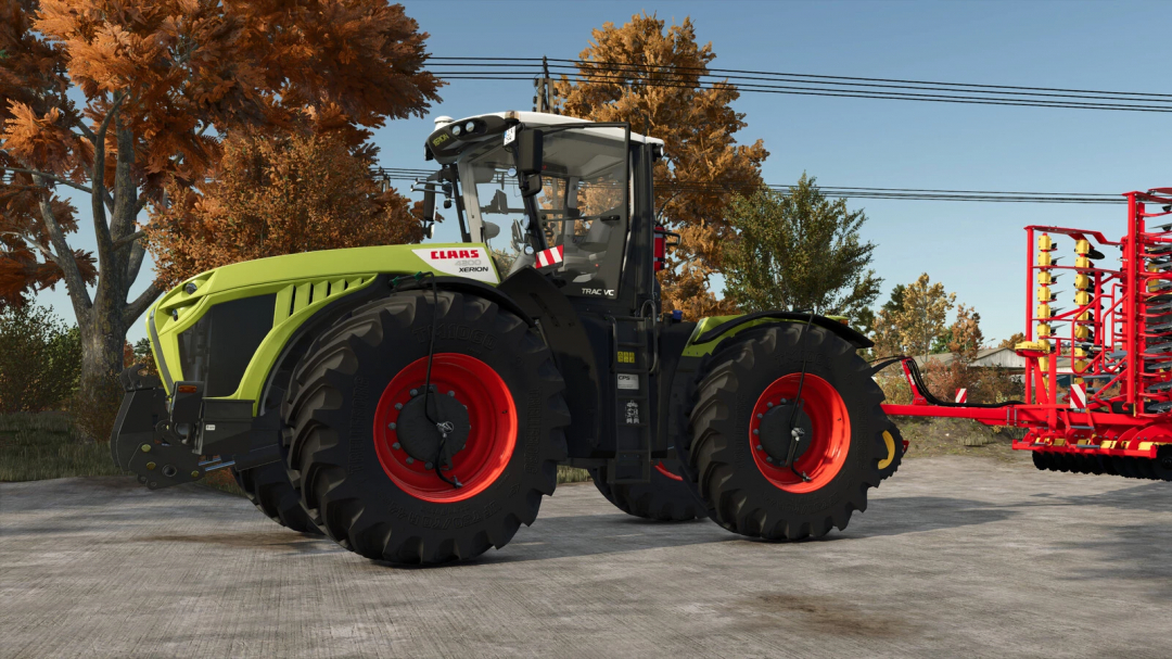 CLAAS Xerion tractor mod in Farming Simulator 25, featuring large red wheels and green body in an autumn setting.