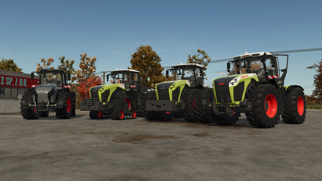 Four CLAAS Xerion 4200 - 5000 tractors in Farming Simulator 25 mods, parked on a concrete surface with autumn trees in the background.