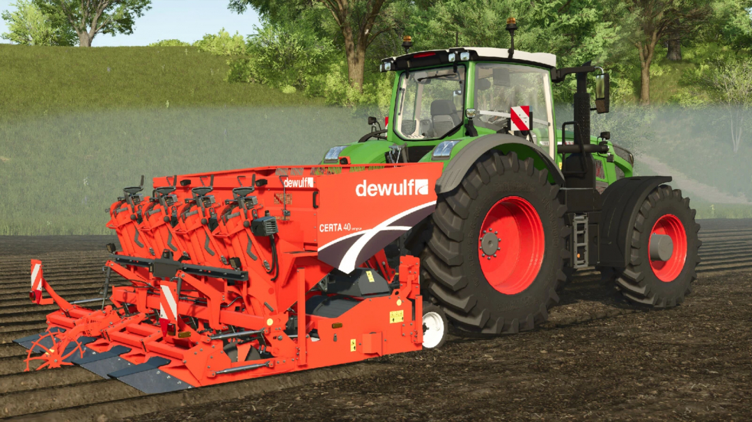 Certa 40 Integral mod in Farming Simulator 25, showing a red agricultural machine attached to a tractor.