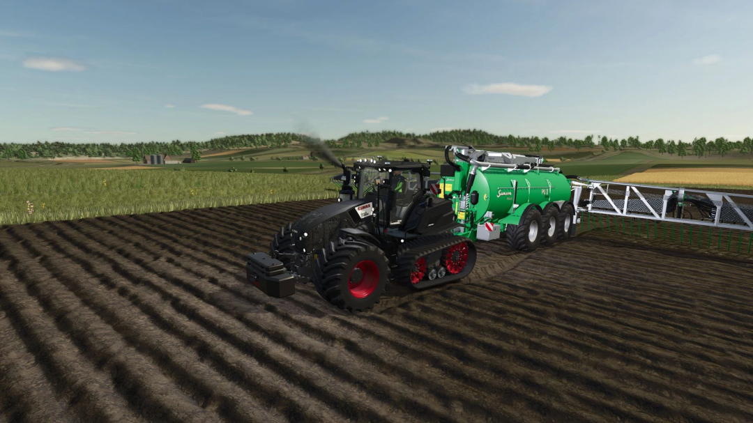 Claas Axion 960 TT tractor with spreader on field in FS25 mod.