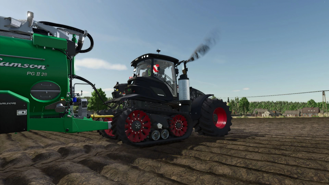 Claas Axion 960 TT mod in FS25, working on a field with attached green Samson tank. Farming Simulator 25 mods.