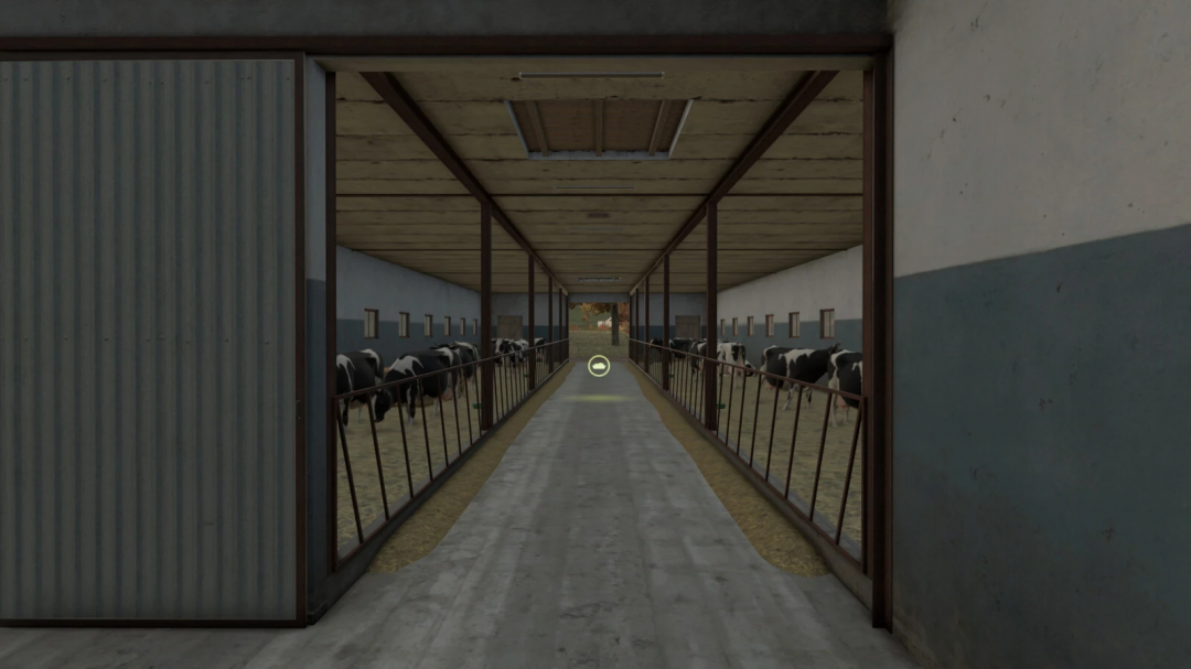 Interior view of a cowshed mod in FS25, featuring cows in stalls along a walkway.