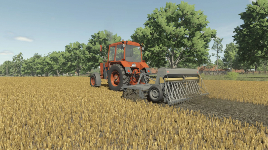 FS25 mod: Cultivation Sowing Aggregate v1.0.0.0 in use, depicting an orange tractor plowing a field with lush green trees in the background.