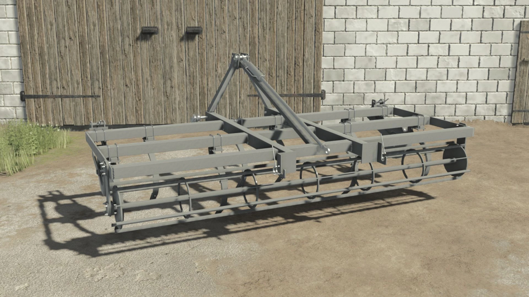 Cultivation Sowing Aggregate mod in FS25, showcasing a gray agricultural implement against a barn background.