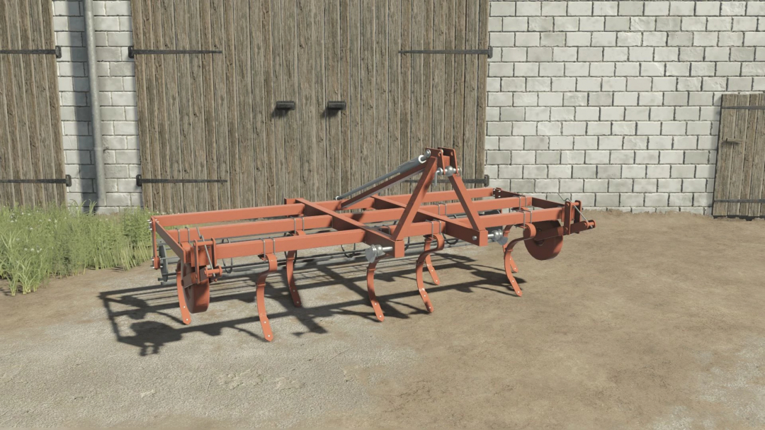 Cultivation Sowing Aggregate mod for FS25 against a barn wall.