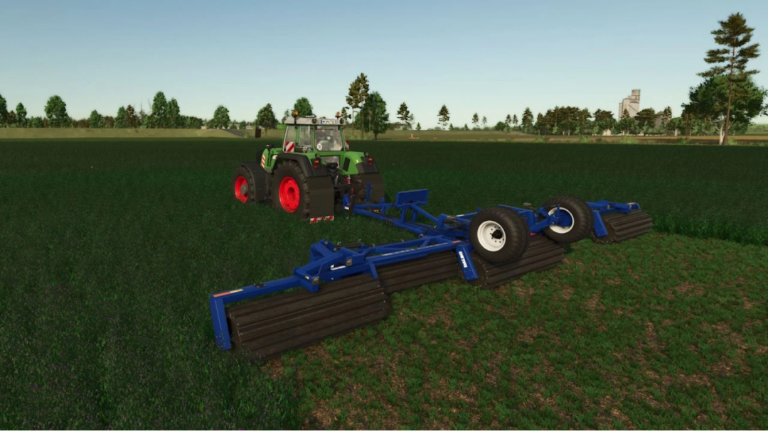 Dalbo PowerRoll 1230 HD Multi-Roller mod in FS25, attached to tractor on field.