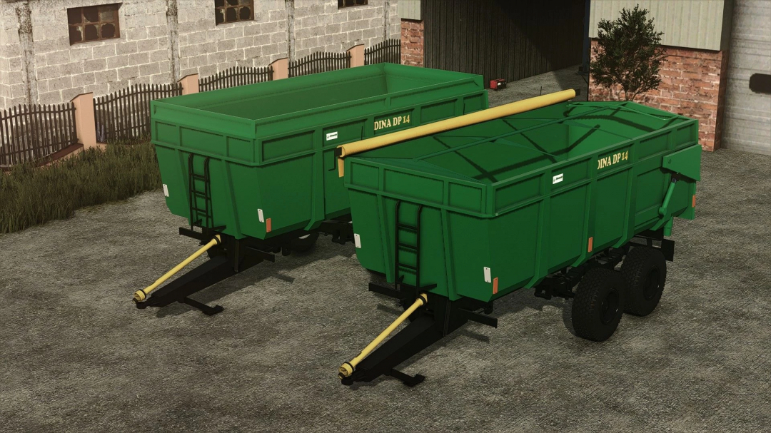 Green Dinapolis DP 14 trailers mod for FS25 parked in a farmyard.