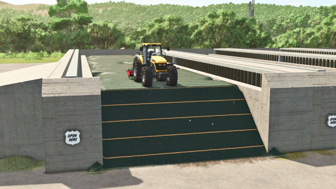 Drive Over Silo FS25 mod v1.0.0.0 in Farming Simulator 25 with a tractor on the silo ramp.