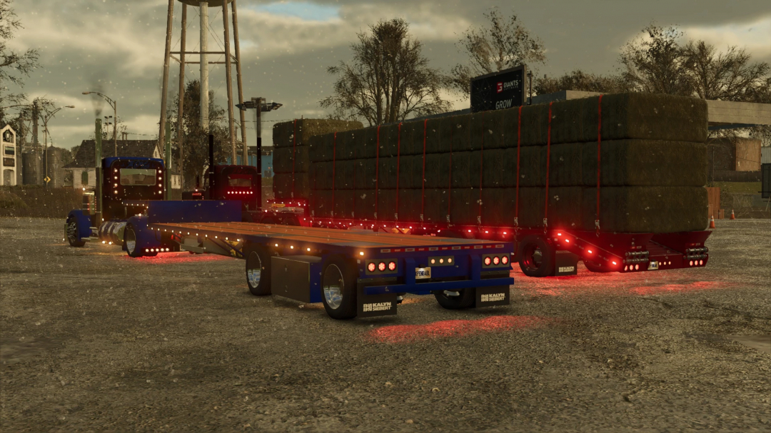 EXP25 Kalyn Siebert Dropdeck Trailer mod in FS25 with bales, showcasing red and blue lighting.