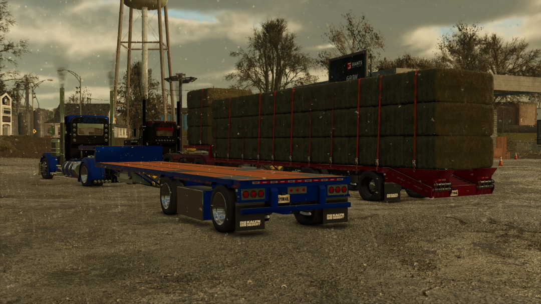 FS25 mod image of Kalyn Siebert Dropdeck Trailer v1.0.0.0 with hay bales loaded, showcasing rural landscape in Farming Simulator 25.