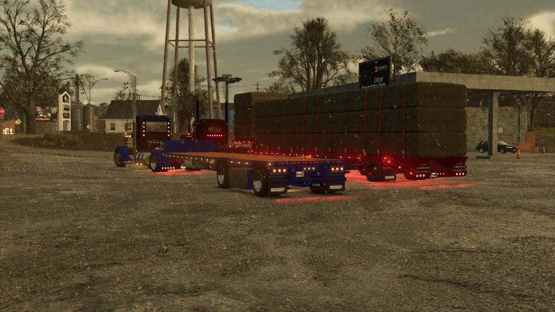 EXP25 Kalyn Siebert Dropdeck Trailer mod in FS25 with hay bales, showcasing features in a rural setting.