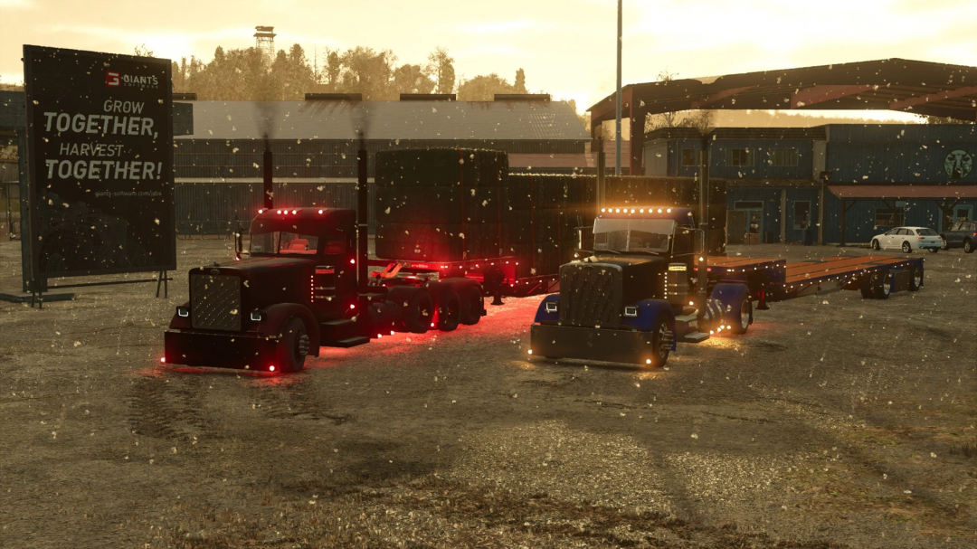 FS25 mods: Two trucks with Kalyn Siebert Dropdeck Trailer in Farming Simulator 25, parked at sunset near a sign.