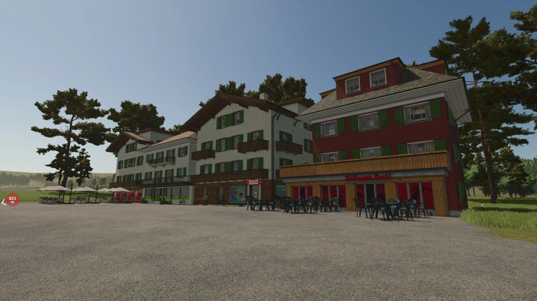 Erlengrat buildings pack mod in FS25 showing colorful village buildings and trees.