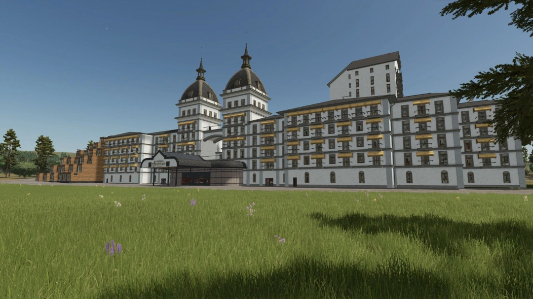 Erlengrat buildings pack mod for FS25 featuring a large building with towers and greenery.