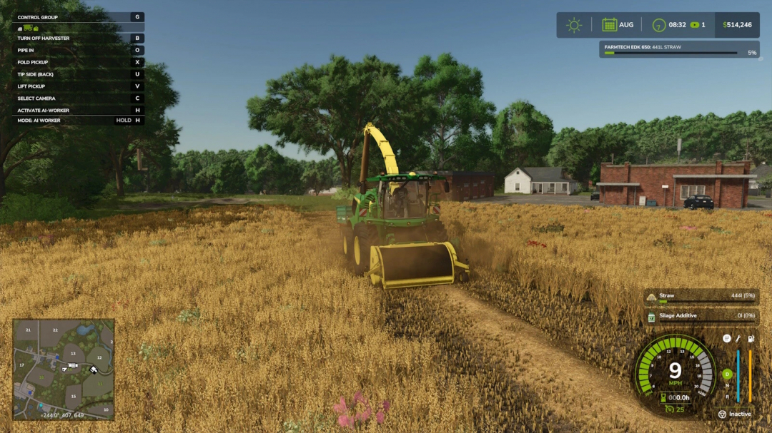 FS25 mod Extended Forage Harvester Pickup in action on a field, showcasing machinery and in-game HUD elements.