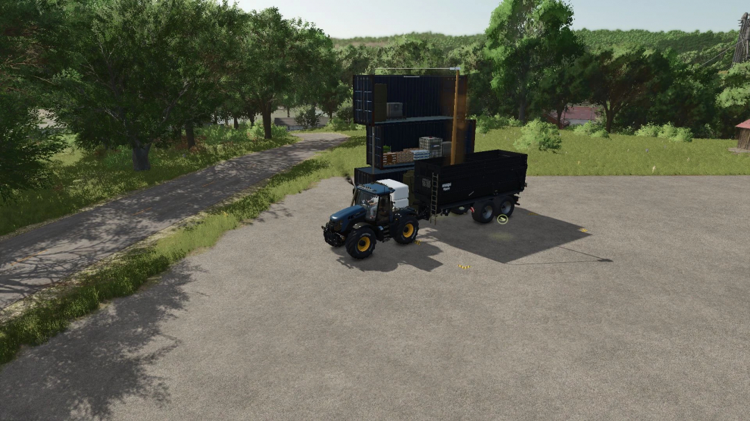 FS25 mod Extra Small Storage v1.0.0.0 with tractor and trailer near containers in a forested area.