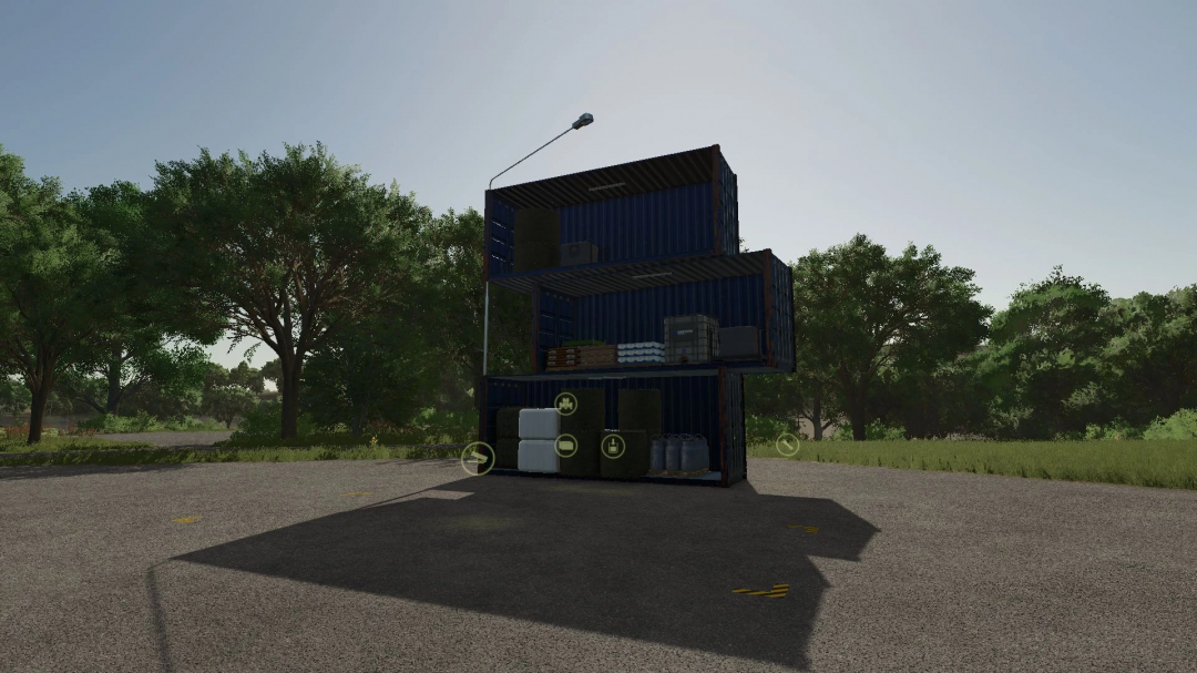 FS25 mod showing extra small storage with stacked shipping containers in a forest setting.