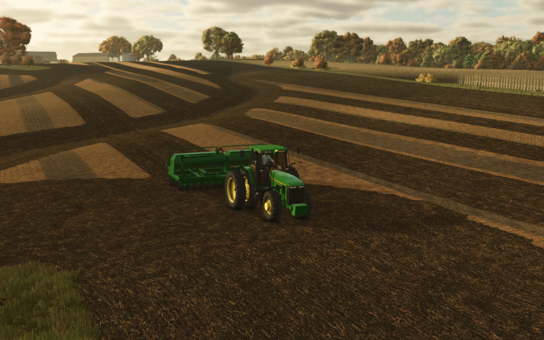 FS25 John Deere 1590 Drill mod displayed in a scenic farm landscape in Farming Simulator 25.