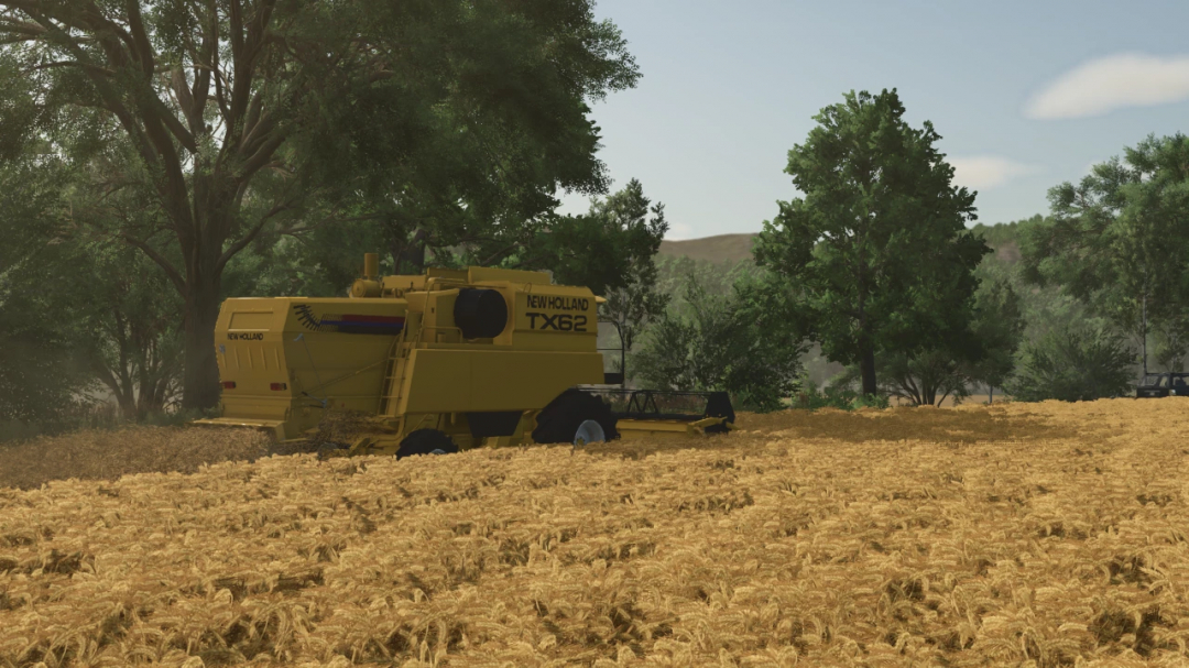 FS25 mod image showing New Holland TX62 harvester in wheat field, depicting Farming Simulator 25 mods.