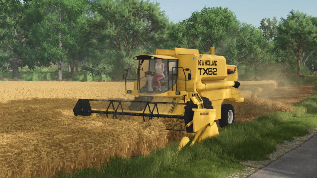 FS25 New Holland TX62 combine harvester working in a field, featured in Farming Simulator 25 mods.