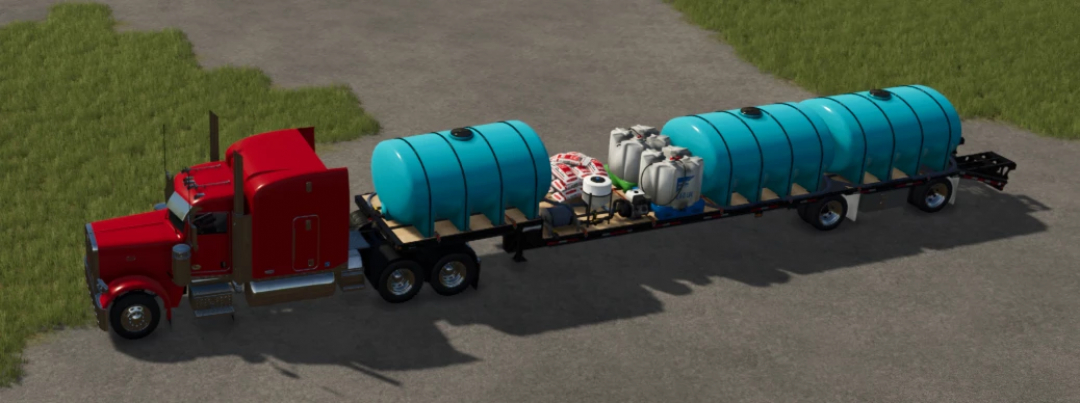 Farming Simulator 25 mod showing a sprayer trailer v1.0.0.0 with large blue tanks attached to a red truck.