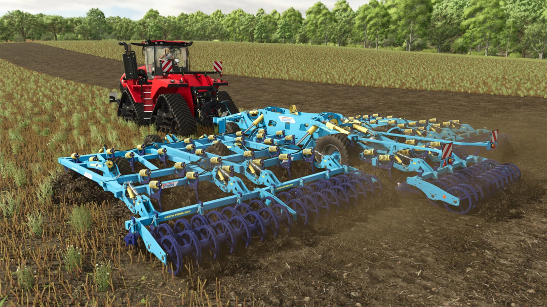 FS25 mod Farmet Fantom 1250Pro cultivating field with red tractor.