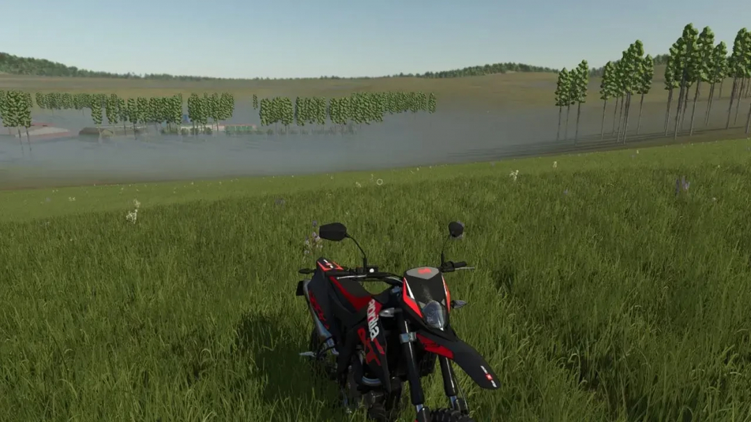 Farming Simulator 25 Fazenda Mata 4x mod with a motorcycle in a grassy field.