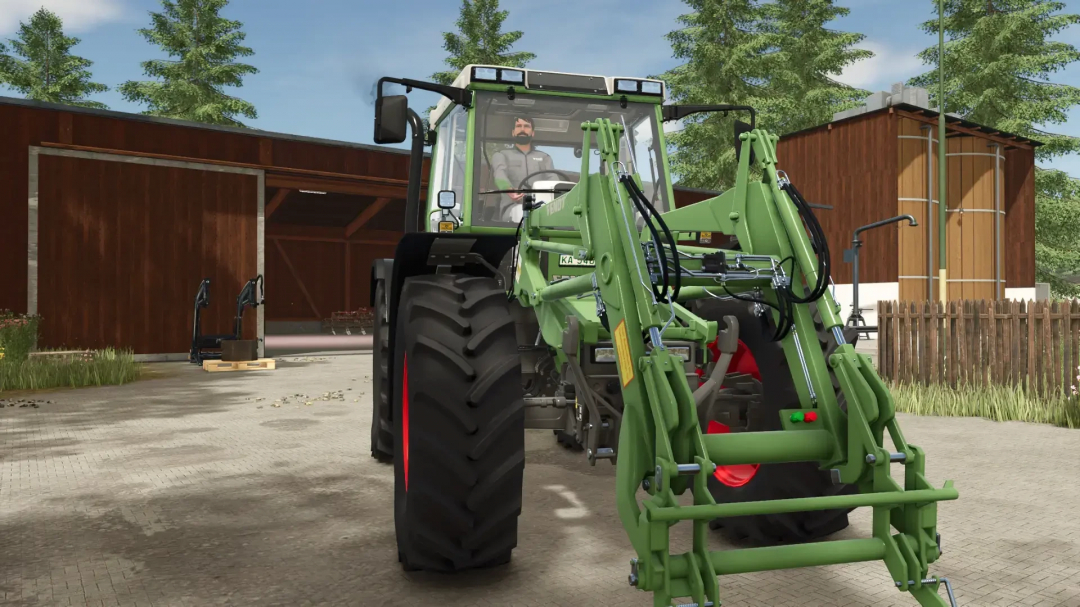 Fendt Implement Carrier in FS25 mod, parked near a wooden barn with trees in the background.