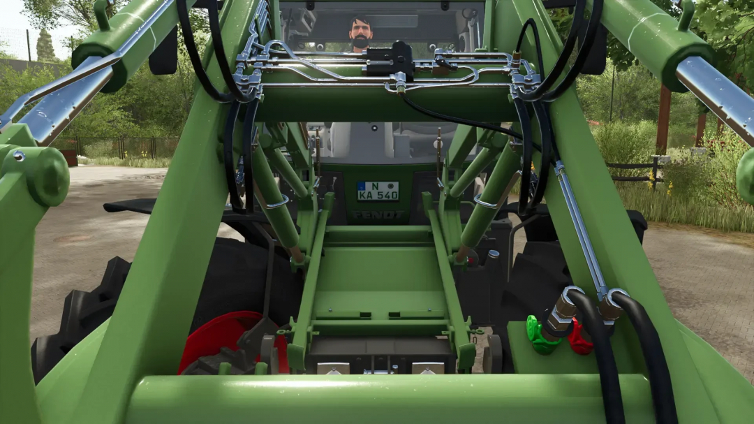 Fendt Implement Carrier in FS25 mod with green hydraulic arms, viewed from the rear.