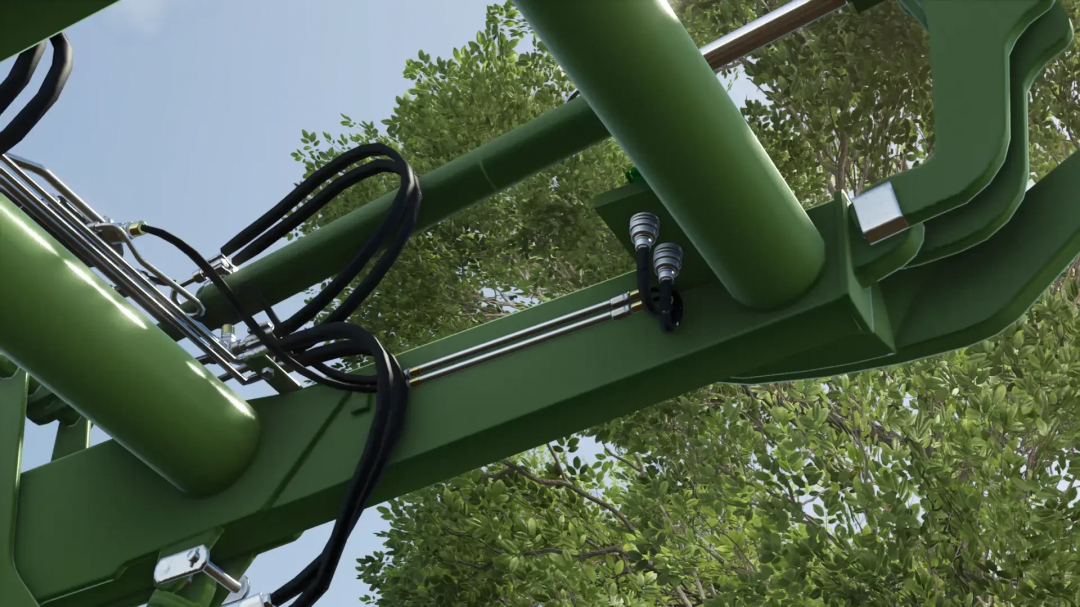 Close-up of Fendt Implement Carrier from FS25 mods, showing hydraulic parts against a backdrop of trees.