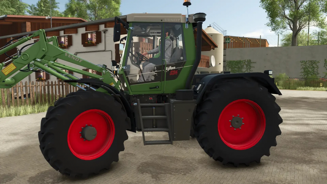 Side view of the Fendt Implement Carrier in FS25 mod pack, featuring a green tractor with red wheels.