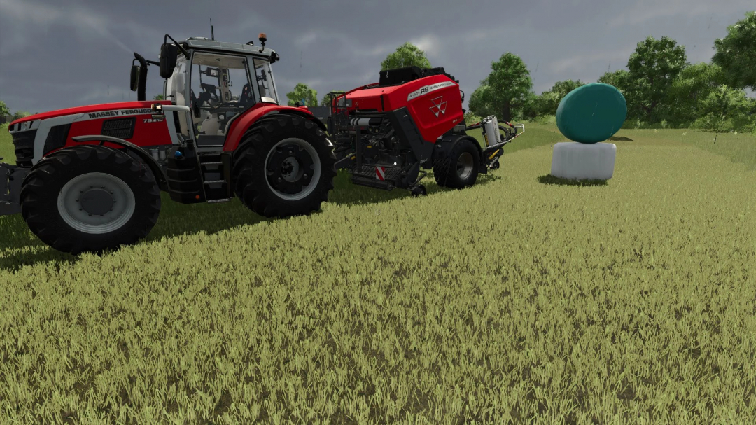 Massey Ferguson tractor with bale wrapper in FS25 mod, showcasing wrapped hay bale on field.