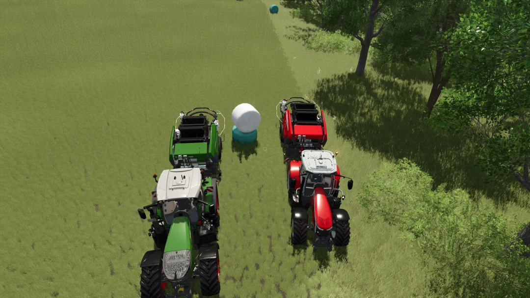 FS25 mods: Fendt and Massey Ferguson bale wrappers on a field.