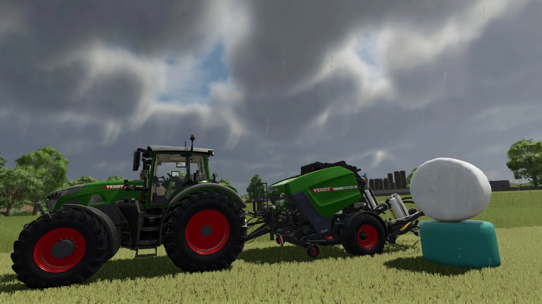 Fendt tractor with bale wrapper in FS25 mod, showcasing grass bale wrapping.