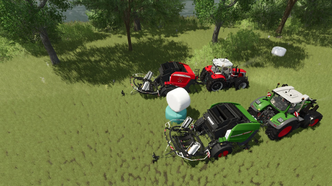 FS25 mods showcase Fendt and Massey Ferguson bale wrappers in a grassy field.