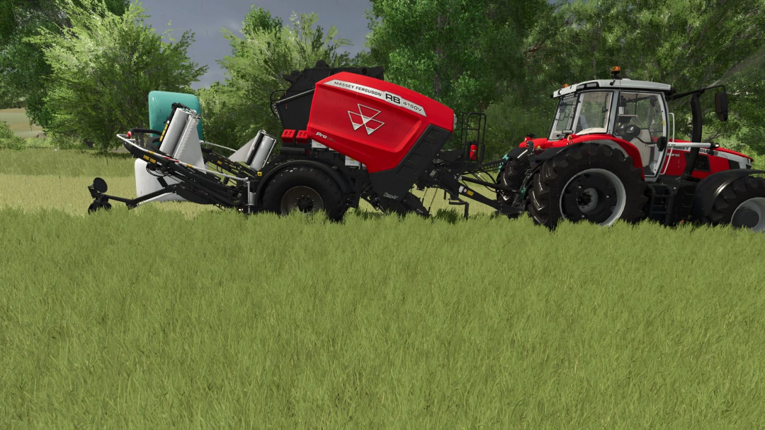 Fendt/Massey Ferguson bale wrapper mod in FS25 game, red and black, operating in a grass field.