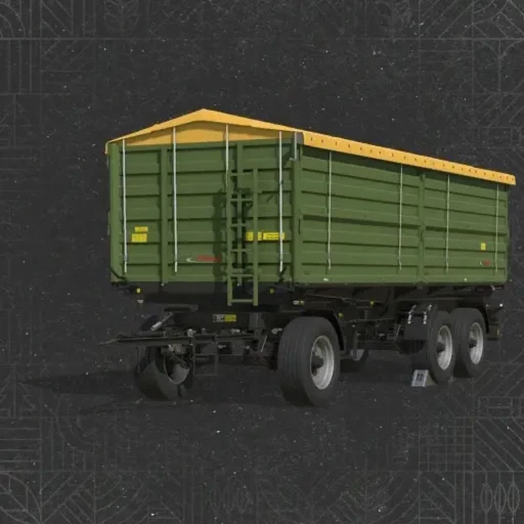 Fliegl DDK 240 trailer mod for Farming Simulator 25 with green body and yellow cover.