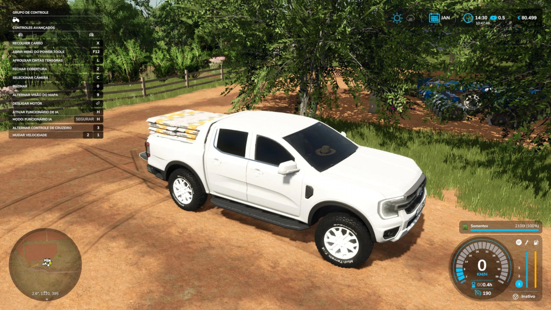 FS25 mod Ford Ranger 2025 Limited Edition v1.2.0.0 in-game, parked on a dirt path with sacks on the bed.