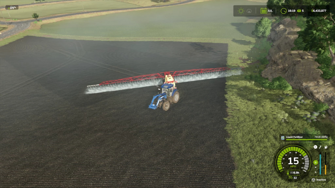 Hardi Navigator 4000 Delta Force Speedy mod in FS25, spraying fertilizer on a field.